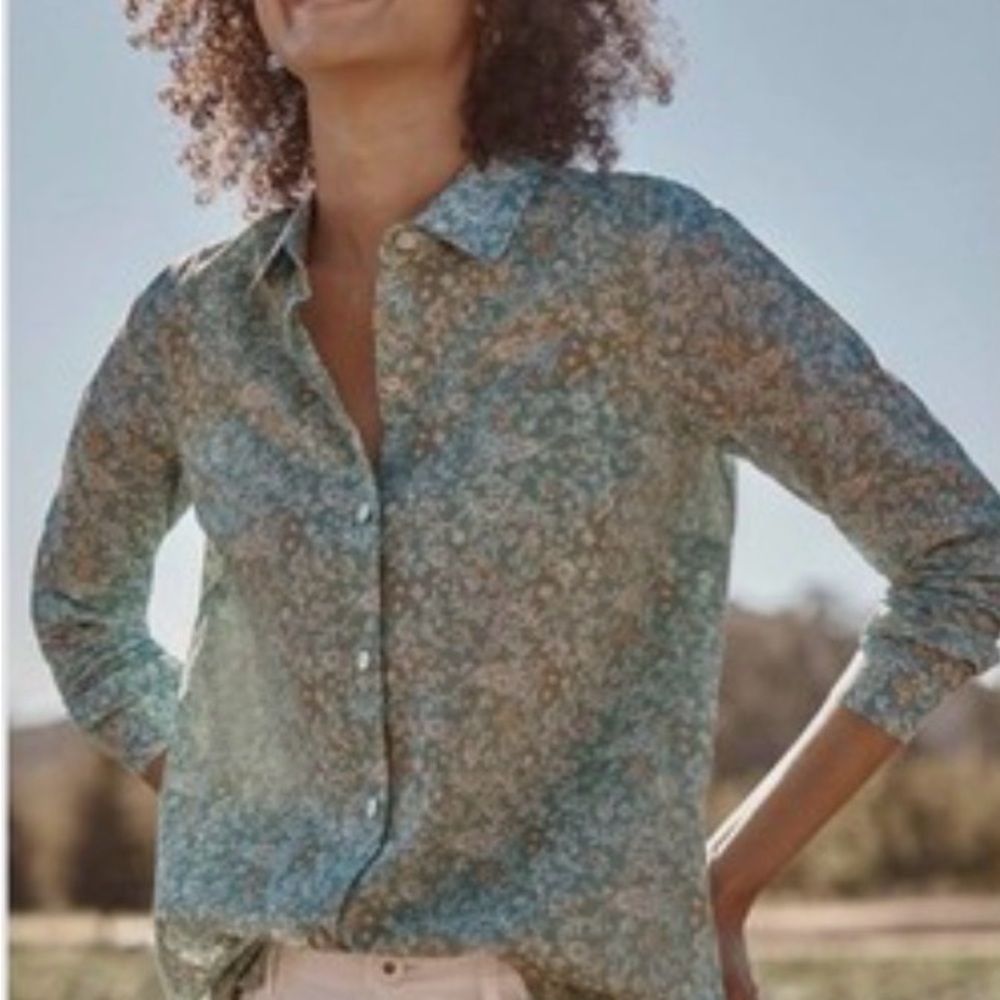 J Jill XL Mixed Floral One Pocket Shirred-Back Cotton Blouse - Blue/Green